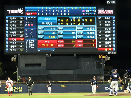 31일 광주기아챔피언스필드에서 열린 프로야구 두산 베어스와 KIA 타이거즈의 경기. KBO 역대 최다득점을 기록하며 30-6으로 KIA를 누른 두산 선수들이 승리 세리머니하고 있다. 연합뉴스