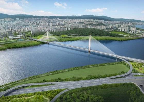 서울시 강동구 고덕동과 경기도 구리시 토평동을 잇는 1.725㎞ 길이의 한강 횡단 교량인 고덕대교의 조감도. [사진 강동구청]
