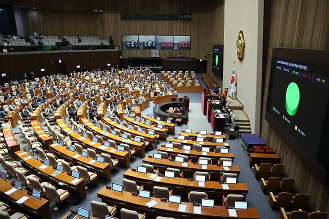 2일 오후 서울 여의도 국회에서 열린 제416회(임시회) 제2차 본회의에서 2024년 민생회복지원금 지급을 위한 특별조치법안이 재적300인 중 재석 187인, 찬성 186인으로 통과됐다. /사진=뉴시스