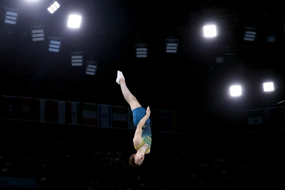 Brock Batty of Australia competes in the men's trampoline qualification round at the Bercy Arena in Paris on Friday.  [REUTERS/YONHAP]