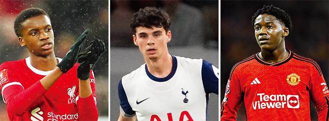 잉글랜드프리미어리그(EPL) 리버풀의 트레이 뇨니와 토트넘 홋스퍼의 아치 그레이, 맨체스터 유나이티드의 코비 마이누(왼쪽부터). [뉴시스, GETTYIMAGES, GETTYIMAGES]