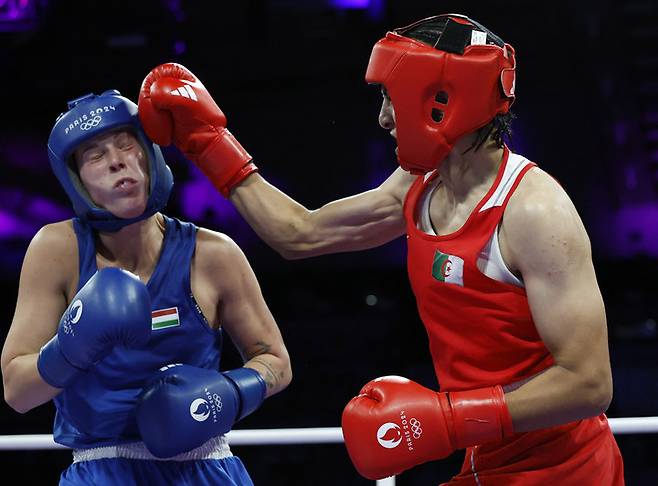알제리 복싱 대표 칼리프(우)가 헝가리 루카 하모리와 경기를 치른다