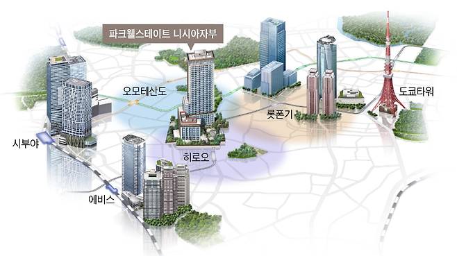 오는 10월 오픈 예정인 파크웰스테이트 니시아자부는 롯폰기, 시부야, 에비스 등 번화가에서 매우 가깝다./그래픽=조선디자인랩 정다운