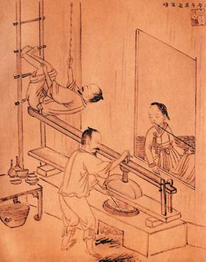 기산 김준근이 1882-1885년 경 그린 의 '국수 누르는 모양'. 한 남자가 지렛대를 눌러 국수를 뽑기 위해 공중에 매달린 채 안간힘을 쓰고 있다.