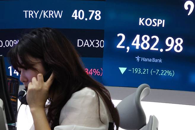 5일 오후 서울 중구 하나은행 본점 딜링룸 현황판에 코스피가 표시돼 있다. /연합뉴스