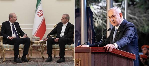 마수드 페제시키안(오른쪽) 이란 대통령이 4일(현지시간) 테헤란에서 아이만 사파디 요르단 외무장관을 만나 이스라엘에 대한 이란의 입장을 이야기하고 있다. 오른쪽 사진은 이스라엘 베냐민 네타냐후 총리가 연설하는 모습. EPA·AFP 연합뉴스