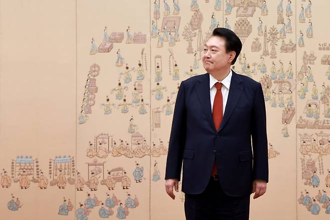 President Yoon Suk Yeol is seen in a high-ranking public official appointment ceremony at the presidential office in Yongsan-gu, Seoul on Thursday. (Yonhap)