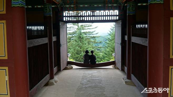 영주 부석사 사천왕문 앞에 앉아 눈앞의 백두대간을 바라보는 방문객. 봉화·영주|김재범 기자 oldfield@donga.com