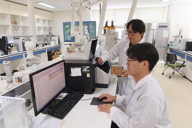 연구팀이 원잠1호 종자의 기능성 물질을 탐색하고 있다. 원자력연 제공