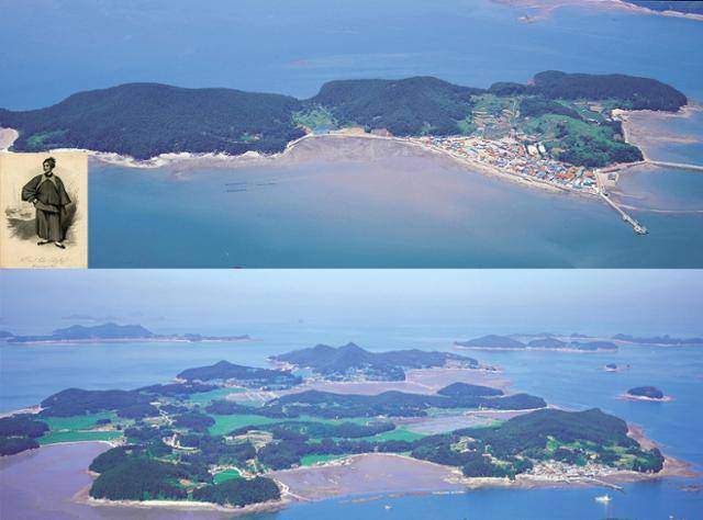 2027년 섬비엔날레가 열리는 고대도(위)와 원산도(아래) 전경. 작은 사진은 1832년 고대도에 잠시 머문 우리나라 최초 선교사인 독일인 칼 귀츨라프를 그린 초상화. 보령시 제공