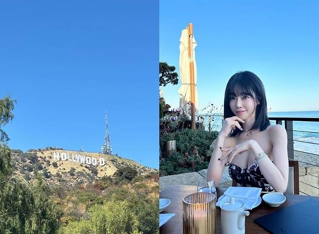 BJ과즙세연이 미 LA 인근 말리부 해변의 바다가 보이는 식당 테이블에 앉아 있는 모습. /인스타그램