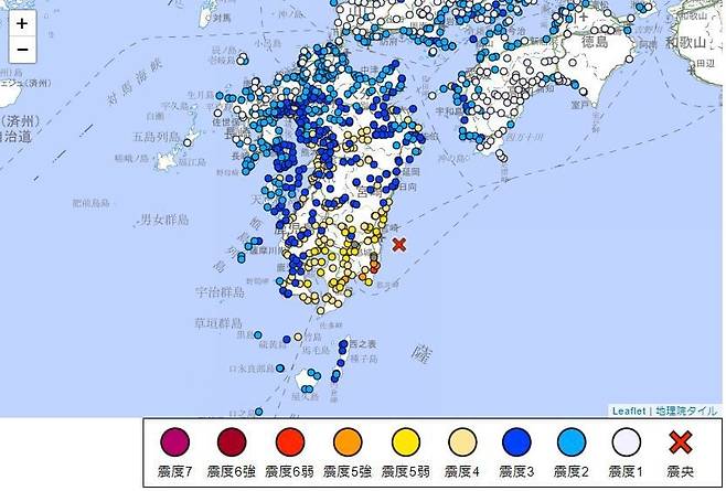 일본 규슈 남부 미야자키현에서 진도 6.9의 지진이 발생했다. /일본 기상청 홈페이지 캡처