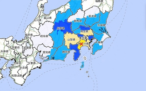 ▲ 9일 오후 8시1분쯤 일본 도쿄 서쪽 수도권 지역인 가나가와현에서 규모 5.3의 지진이 발생했다.[일본 기상청 홈페이지 캡처]