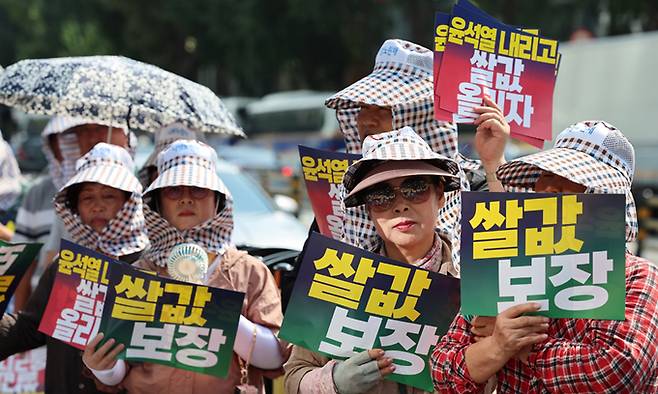 지난 6일 농민들이 서울역 인근에서 열린 전국농민회총연맹 쌀값 보장 촉구 집회에서 팻말을 들고 있다. 연합뉴스