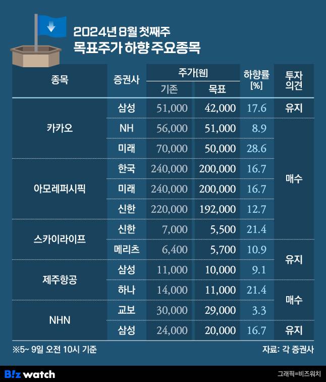 청기홍기 목표주가 하향 목록/그래픽=비즈워치