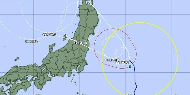 [일본 기상청 예상 제5호 태풍 마리아 예상 경로 (일본 기상청 홈페이지 갈무리=연합뉴스)]