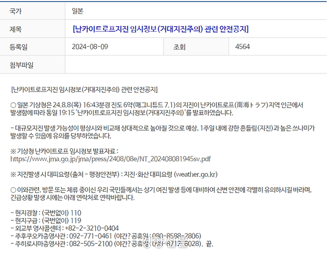 외교부 해외안전여행 사이트에 올라와 있는 난카이 해곡 지진 관련 안전공지. 외교부 해외안전여행 갈무리