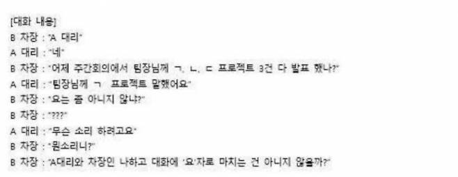 직장 상사에게 일명 '요'체를 썼다가 징게위원회에 회부될 위기에 처한 직장인의 이야기가 전해졌자. 사진은 해당 대리와 차장의 실제 대화본. /사진=블라인드 캡처