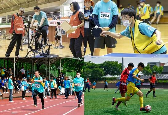 스페셜올림픽코리아 전국하계대회 종목별 사진. 왼쪽 위부터 시계방향으로 싸이클, 탁구, 축구, 육상. 인천스페셜올림픽코리아 제공