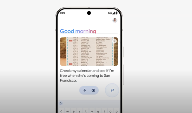구글 인공지능 제미나이 애플리케이션에 가수 사브리나 카펜터의 투어 일정 사진을 찍어 보여 준 뒤 '내 달력을 체크해서 그(카펜터)가 샌프란시스코에 오는 날 내가 시간이 되는지 봐 달라'고 주문하고 있는 장면. 제미나이는 사진 분석 후 캘린더에 저장된 이용자 일정과 대조해 답변을 내놓는다. 구글 영상 캡처