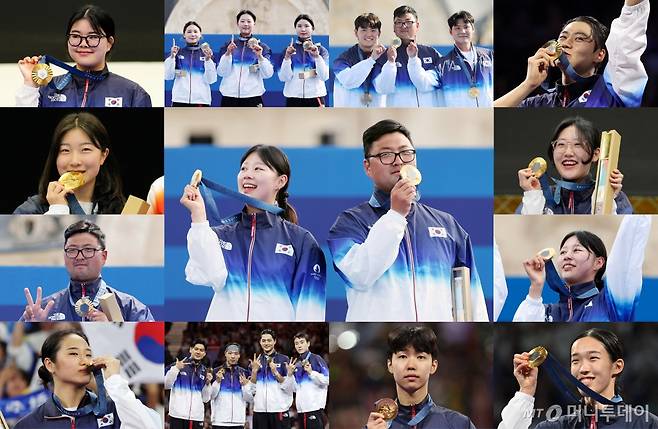 [서울=뉴시스] 전신 기자 = 대한민국이 2024 파리 올림픽에서 금메달 13개, 은메달 9개, 동메달 10개 총 32개 메달로 이번 대회를 마쳤다. 사진은 2024 파리 올림픽 한국 금메달리스트 모습.  사진 중앙은 2024 파리 올림픽 최우수선수(MVP)로 선정된 양궁 김우진·임시현. 사진 맨 왼쪽 상단부터 시계방향으로 사격 여자 10m 공기권총 오예진, 양궁 여자 단체 임시현·전훈영·남수현, 양궁 남자 단체 김우진·김제덕·이우석, 펜싱 남자 사브르 개인 오상욱, 사격 여자 권총 25m 양지인, 양궁 여자 개인 임시현, 태권도 /사진=전신