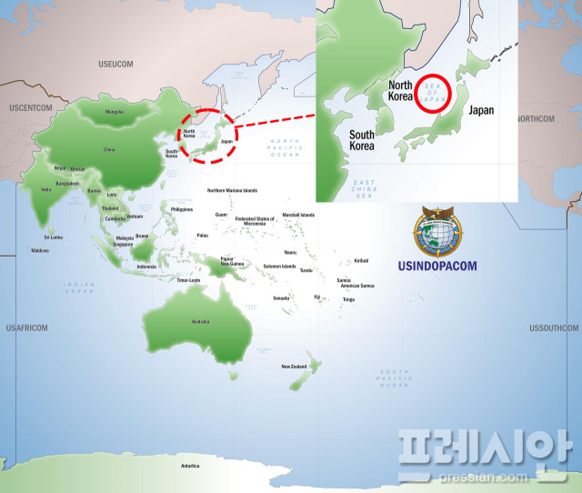 ▲미국 인도태평양사령부 홈페이지 지도에 '동해'가 '일본해'로 단독표기돼 있는 모습. ⓒ부승찬 의원실