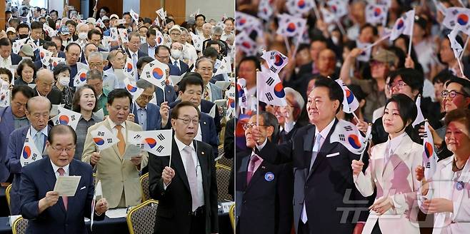 제79주년 광복절인 15일 서울 용산구 백범김구기념관에서 열린 광복회가 주최한 8.15 광복절 기념식(왼쪽)과 서울 종로구 세종문화회관에서 열린 윤석열 대통령과 김건희 여사 등이 참석한 정부 주최 제79주년 광복절 경축식 모습. ⓒ News1 김민지 기자