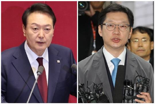윤석열 대통령(왼쪽)과 더불어민주당 친문재인계 적자로 불려온 김경수 전 경남도지사. <연합뉴스 사진>