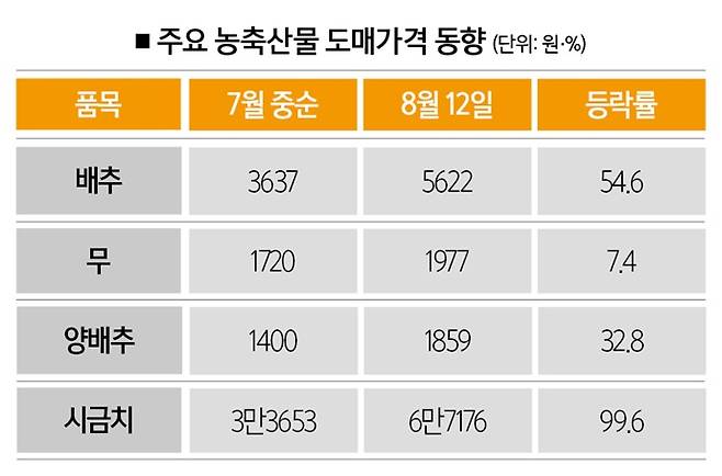 [자료｜한국농수산식품유통공사, 참고｜배추‧양배추 1포기, 무 1개, 시금치 4㎏ 기준]