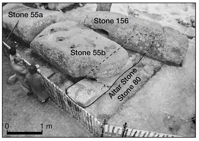 거대한 사르센석 아래에 놓여 있는 스톤헨지 제단석(Stone 80) [Nature/Anthony Clarke et al. 제공. 재판매 및 DB 금지]