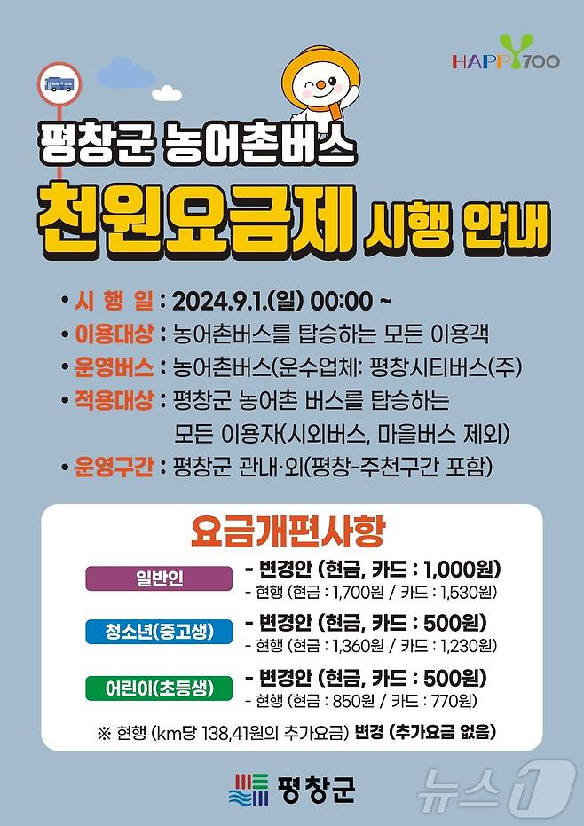 강원 평창군의 농어촌버스 1000원 단일요금제 안내 포스터. (평창군 제공) 2024.8.16/뉴스1