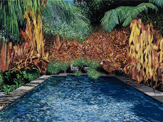 pool with fire, enamel and acrylic on canvas, 91.4x121.9 cm, 2024.[사진제공 = 선화랑]