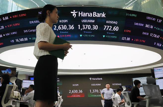 A dealing room at Hana Bank's headquarters in Seoul, Tuesday (Yonhap)