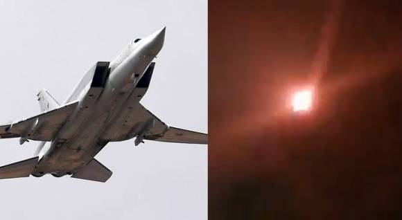 러시아군의 초음속 전략폭격기 투폴레프(Tu-22M3)가 추락하는 모습을 담은 영상의 일부.
