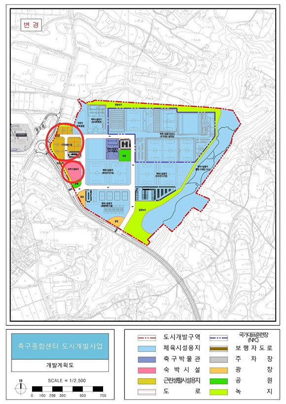 축구종합센터 부지 내 숙박시설용지와 근린생활시설용지 위치도 [사진=천안시]