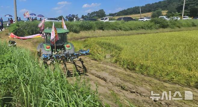 [영광=뉴시스] 전국농민회 광주·전남연맹이 19일 오전 전남 영광군 대마면 한 논에서 '논 갈아엎기 투쟁' 기자회견을 열고 정부의 쌀값 보장을 촉구하고 있다. (사진=국농민회총연맹 광주전남연맹 제공) 2024.08.19. photo@newsis.com *재판매 및 DB 금지