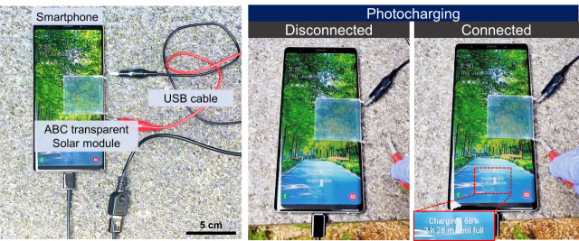 (왼쪽)후면전극형 투명 태양전지 모듈과 스마트폰 간의 광충전 셋업 이미지. (오른쪽)자연 태양광 조사 환경에서 투명 태양전지 모듈에 의한 스마트폰 광충전 시연 이미지. 연구그림=유니스트