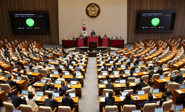 5일 오후 국회에서 열린 본회의에서 야당 주도로 ‘노란봉투법(노동조합·노동관계조정법 개정안)’이 통과되고 있다. 연합뉴스