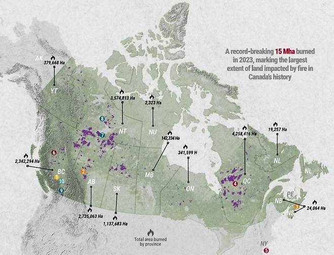 "2023년 캐나다 산불 피해 면적 사상 최대…1천500만㏊" [Nature Communications / Piyush Jain et al.제공. 재판매 및 DB 금지]
