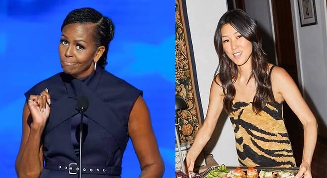 미셸 오바마 여사(왼쪽)가 20일(현지시각) 민주당 전당대회 때 한국계 디자이너 로라 김(오른쪽)이 만든 브랜드 몬세의 의상을 입고 연설하는 모습./AP연합뉴스·인스타그램