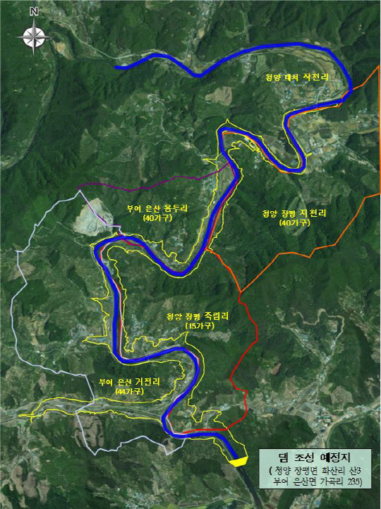 지천댐 위치도. 노란선은 수몰 예정 구역으로 현재는 더 넓어졌다. 대전일보DB.