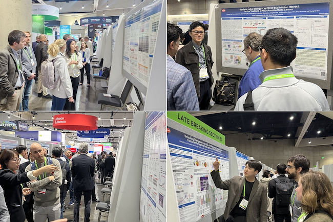 한미약품 R&D센터 연구원들이 지난 4월 미국 샌디에이고에서 열린 미국암연구학회(AACR 2024)에서 항암신약 연구 내용이 담긴 포스터를 참석자들에게 설명하고 있다. 한미약품은 이번 학회에서 국내에서 가장 많은 총 10개의 항암 신약 파이프라인 연구결과를 발표했다./사진=한미약품