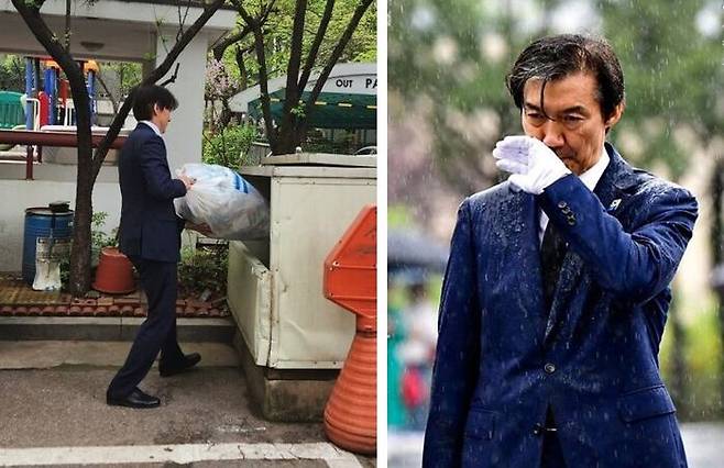조국 대표가 쓰레기봉투를 버리고 있다(왼쪽). 이 사진은 총선이 끝난 뒤 측근이 “존경할 만한 분”이라며 공개했다. 조 대표가 봉하마을에서 노무현 전 대통령 묘역을 참배하고 있다(오른쪽). 그는 비를 맞고 있는 이 사진을 직접 공개했다. /페이스북