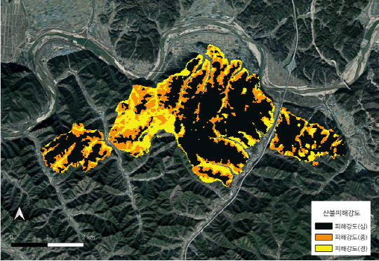 국립산림과학원은 AI 활용한 산불 탐지·피해 분석 기술을 개발해 내년 발사되는 농림위성에 적용한다. 사진은 2020년 경북 안동 산불 피해강도를 AI를 통해 분석한 자료. 국립산림과학원 제공