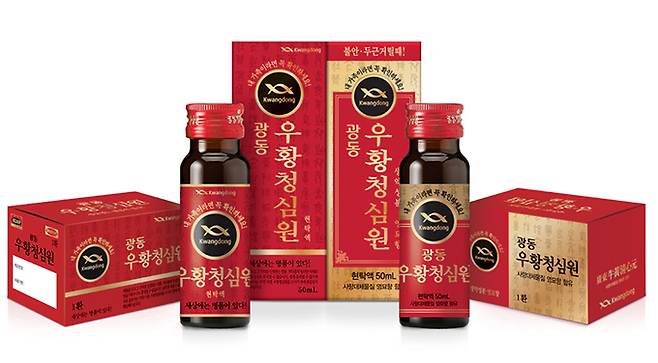 우황청심원 제품 사진 : 좌측부터 사향 함유 광동우황청심원(환, 액제), 영묘향 함유 광동우황청심원(액제, 환)