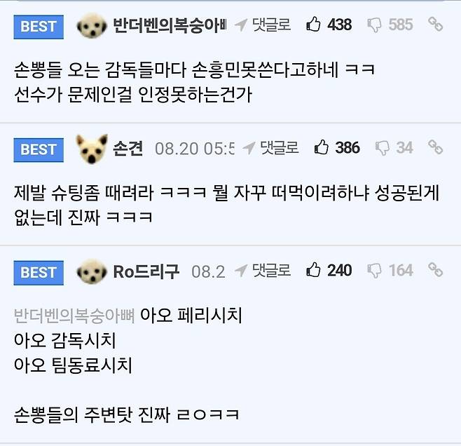 어제 토트넘 경기 이전 모사이트 유저들 손흥민 평가