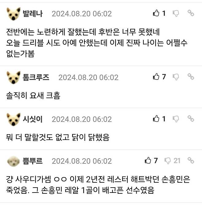 어제 토트넘 경기 이전 모사이트 유저들 손흥민 평가
