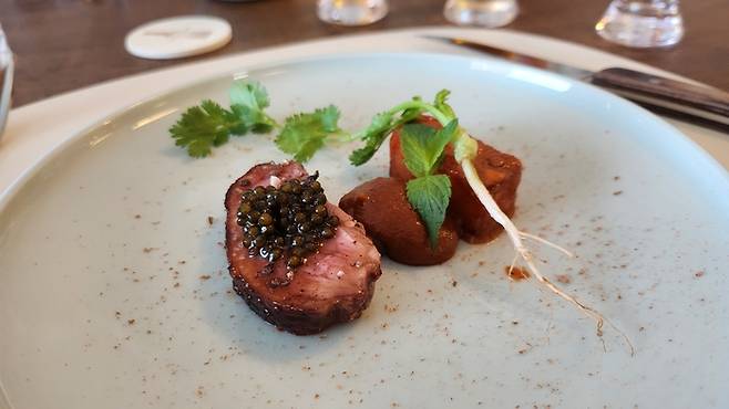 기가스의 정하완 셰프가 내놓은 다섯번째 요리인 ‘21일 숙성 오리 가슴살, 훈연 고구마 로메스코, 크리스탈 캐비어’. 안병준 기자