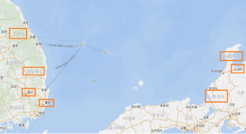 한·호쿠리쿠 경제교류회의에 참여한 한·일 양국의 7개 지방자치단체. (사진=네이버 지도)