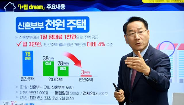 유정복 인천시장이 지난 7월 9일 시청 브리핑룸에서 신혼부부 주거정책 '아이(i) 플러스 집 드림(dream)'을 발표하고 있다. 인천시 제공